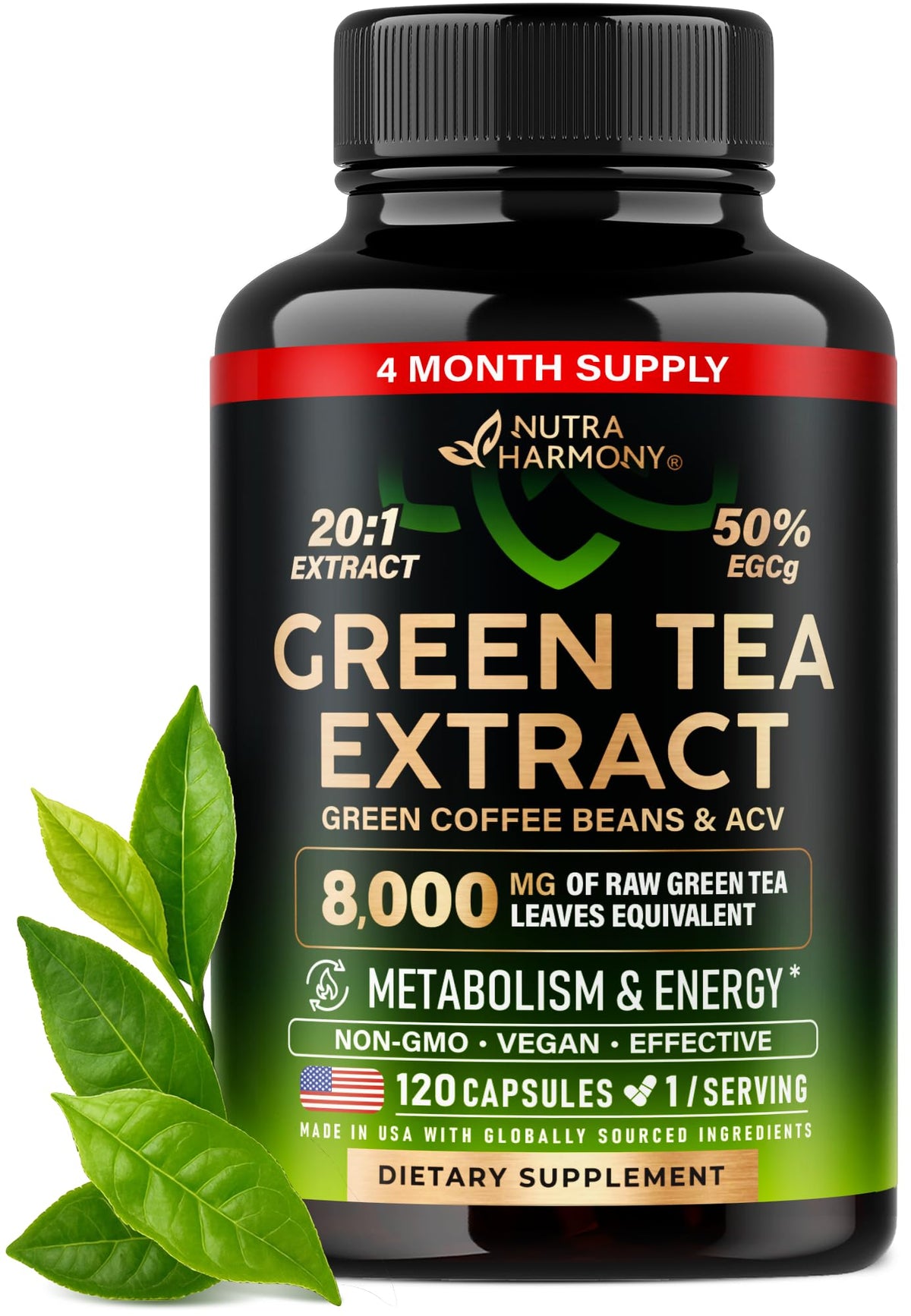 NUTRAHARMONY Green Tea Extract capsules with 50% EGCG for daily antioxidant support.