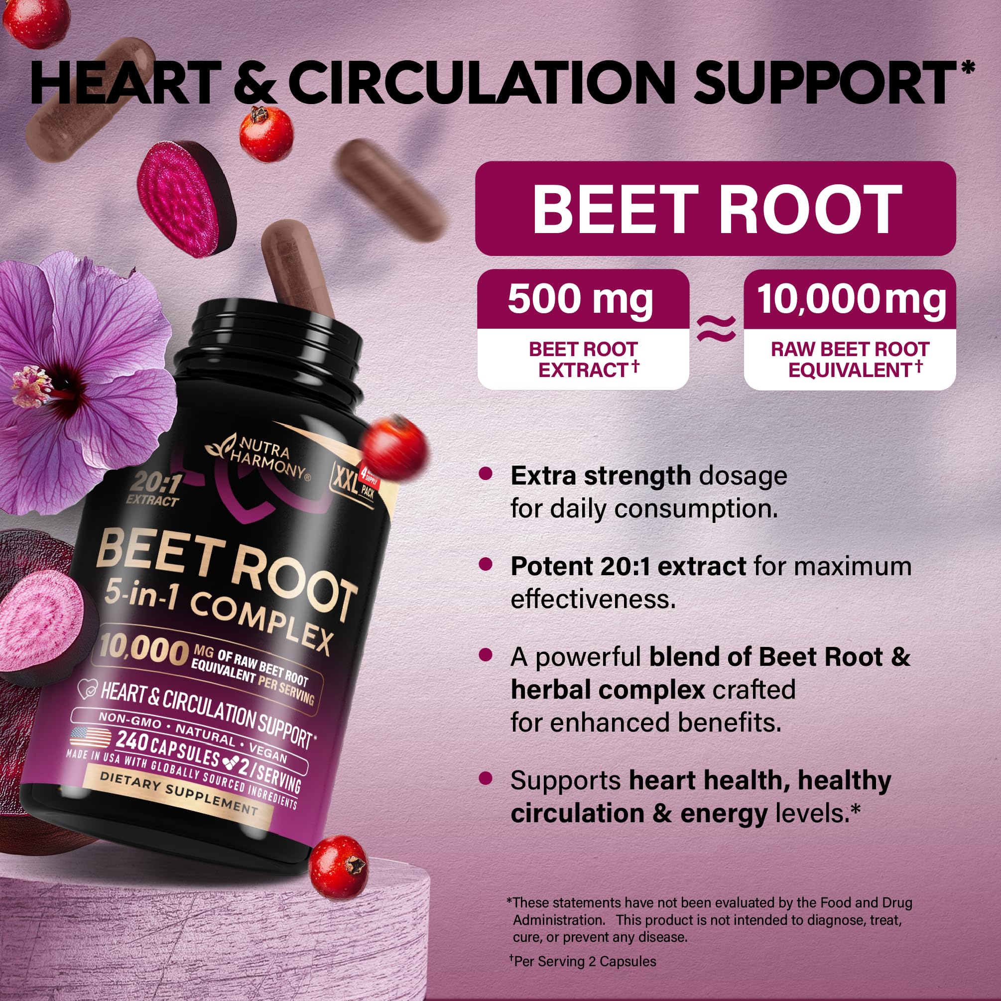 NUTRAHARMONY Beet Root 5-in-1 bottle with herbal blend for healthy circulation.