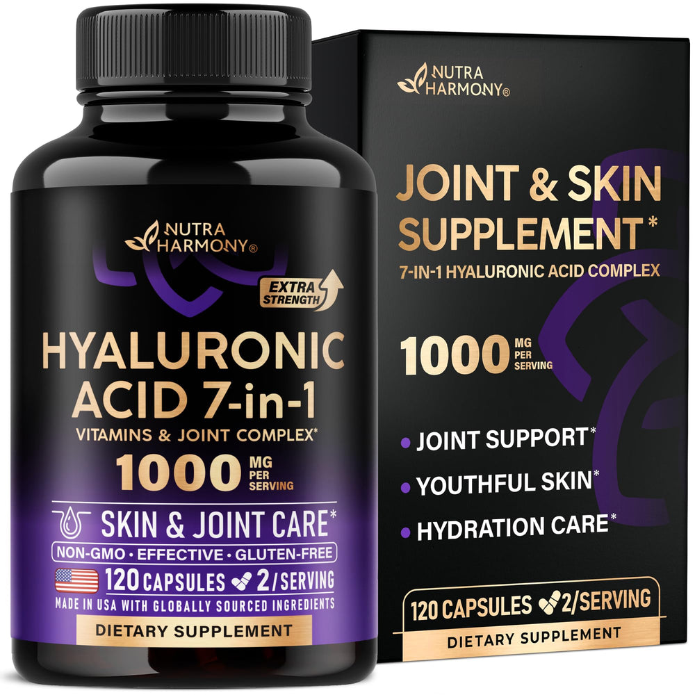 NUTRAHARMONY Hyaluronic Acid 1000 mg bottle supports daily skin and joint hydration.