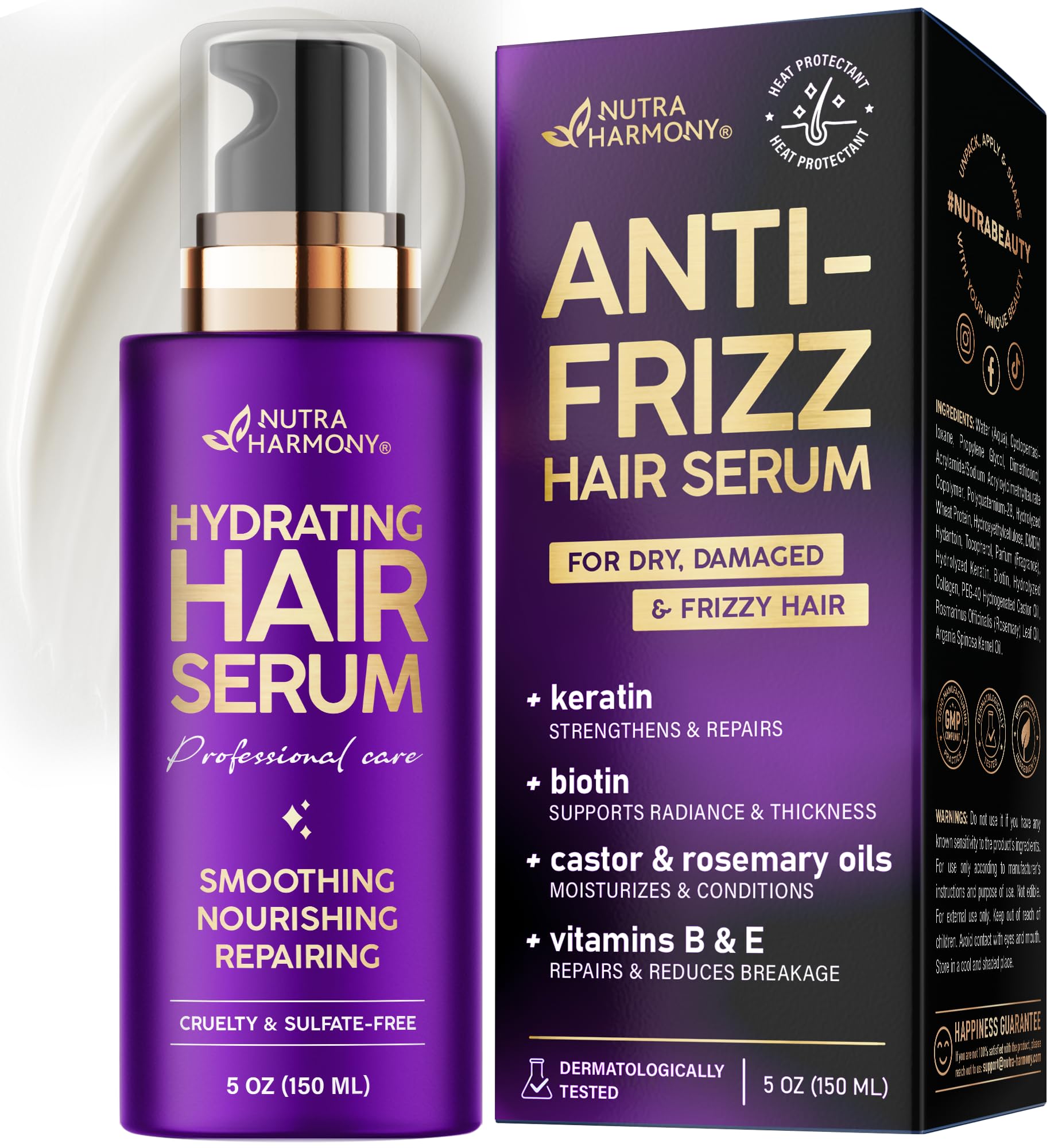 NUTRAHARMONY hydrating hair serum bottle for smooth, frizz-free hair.