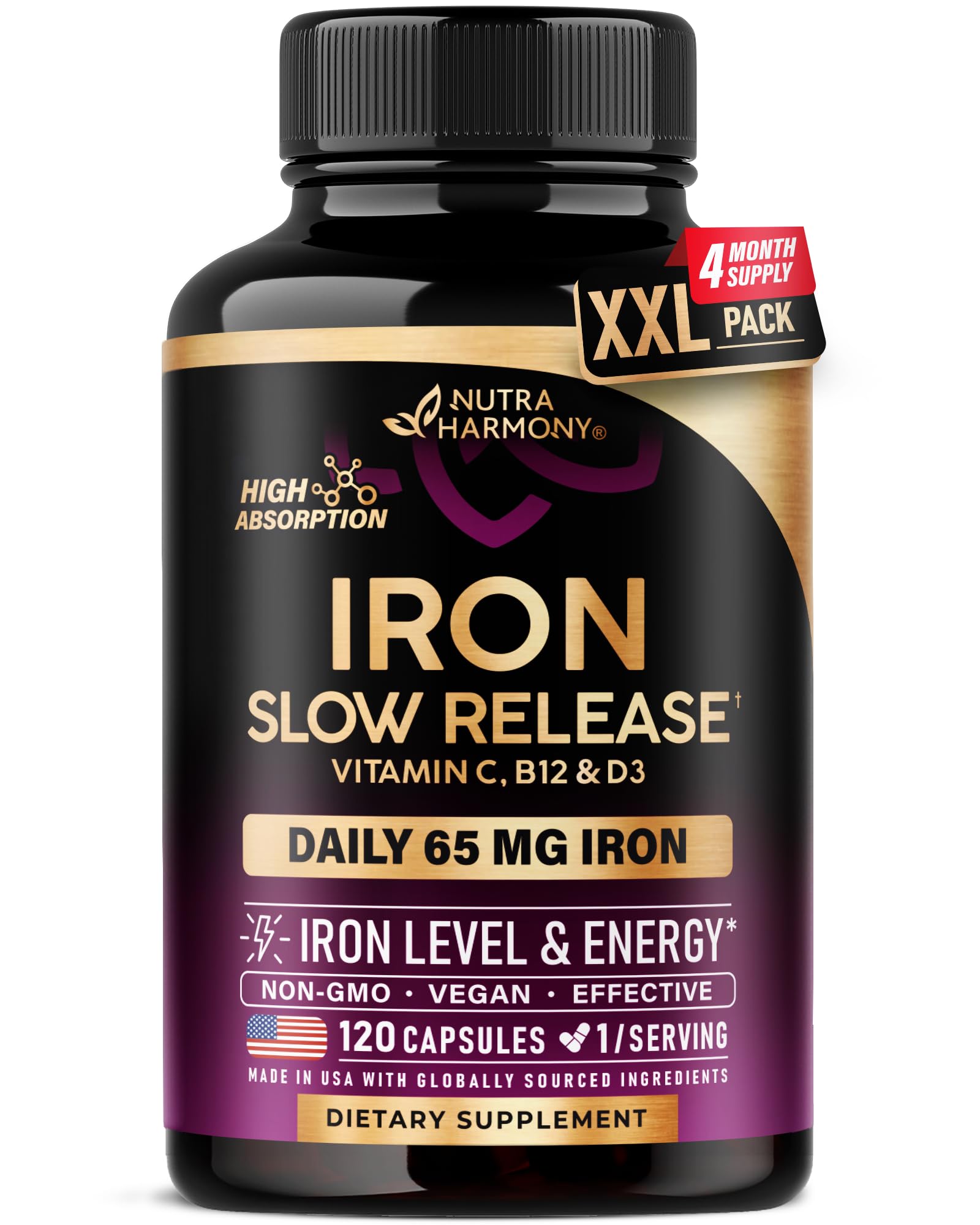 NutraHarmony Iron 65mg bottle shown for daily energy support and easy dosing.