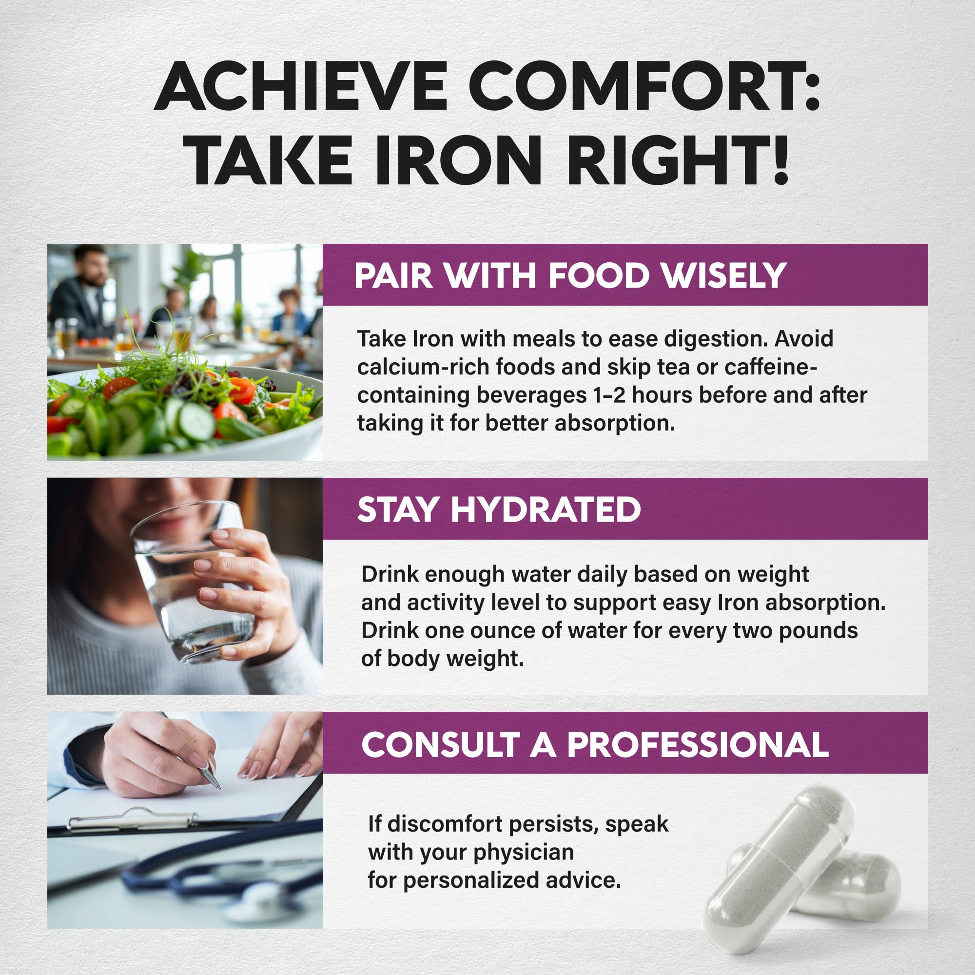 NutraHarmony iron bottle with 120 capsules highlighted for long-term supplement supply.