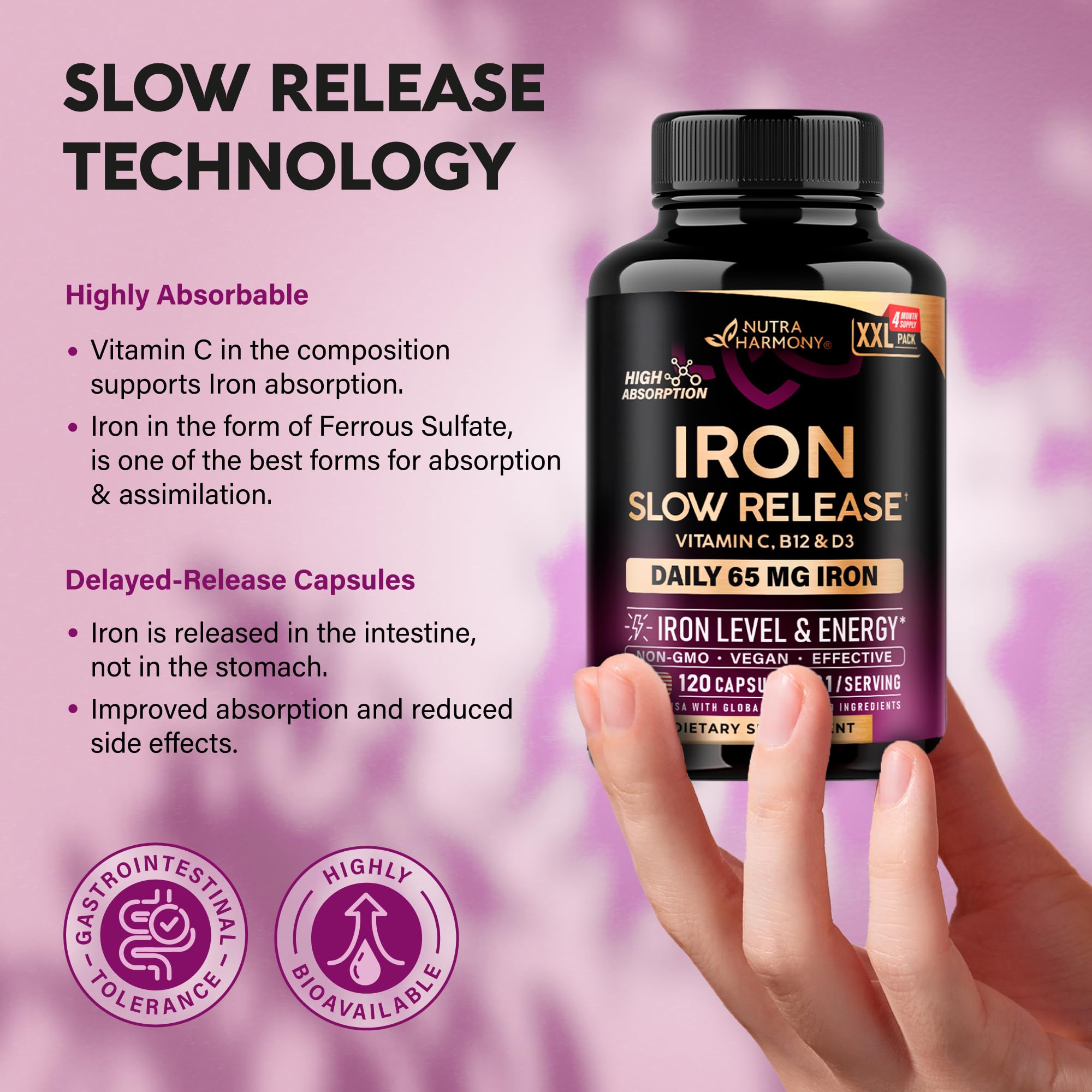 NutraHarmony iron bottle in hand for convenient daily supplement routine.