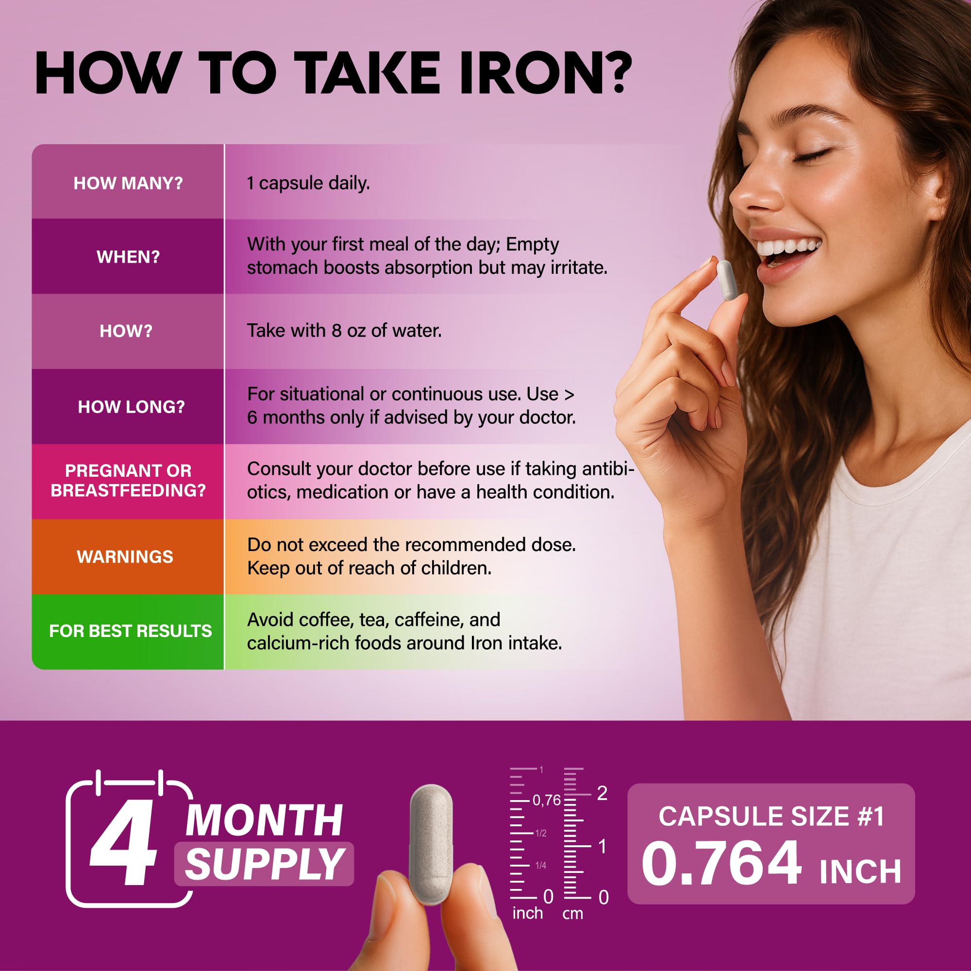 NutraHarmony iron capsules on a neutral surface suggest easy swallowing.
