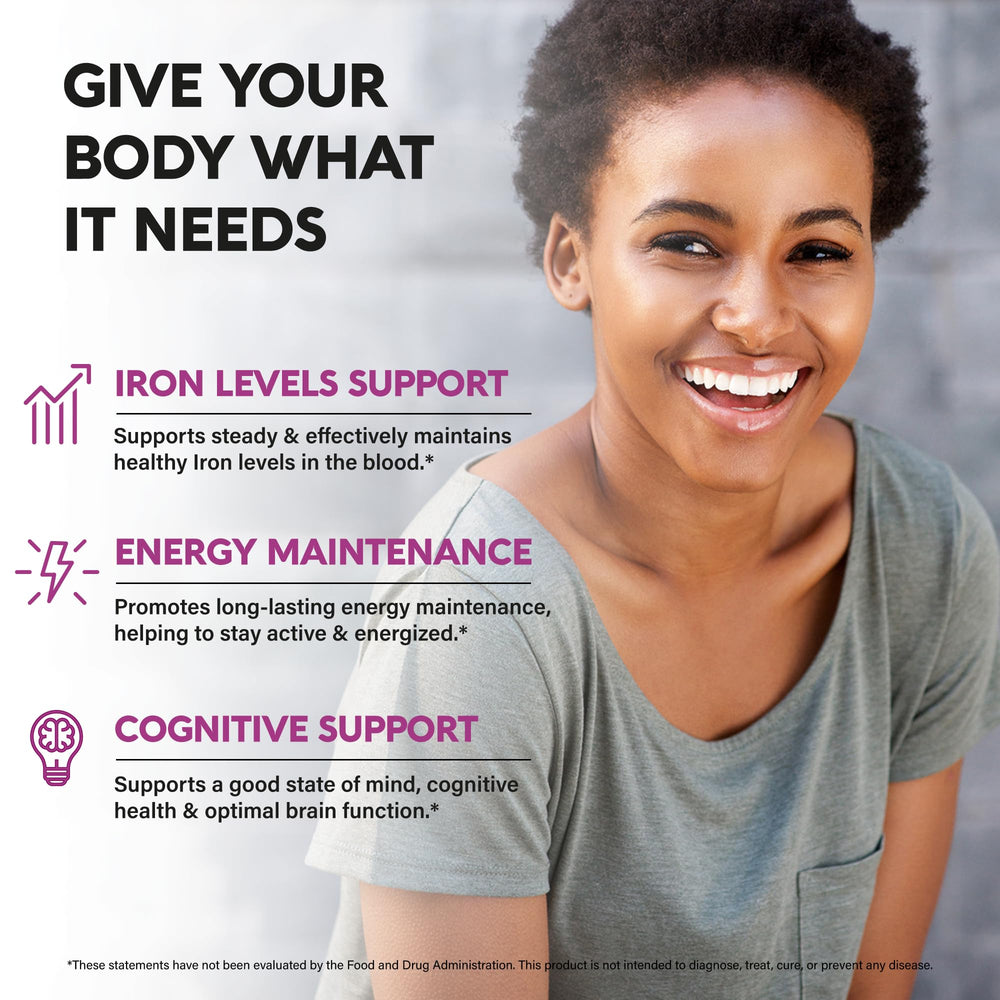NutraHarmony iron label on bottle emphasizes slow-release design and high absorption.