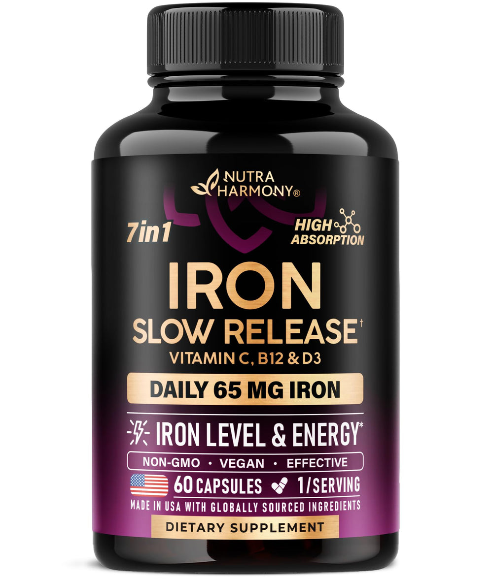 NUTRAHARMONY Iron 65mg bottle front showing dosage for daily energy support