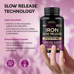 NUTRAHARMONY iron65mg ingredients panel featuring vitamin C B12 D3 and folate
