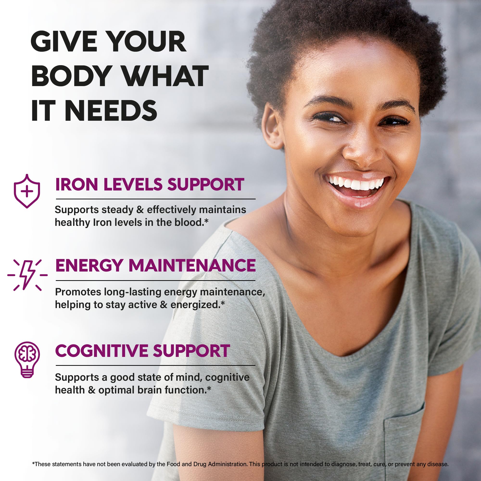 NUTRAHARMONY iron65mg packaging side with 60 capsules and key details