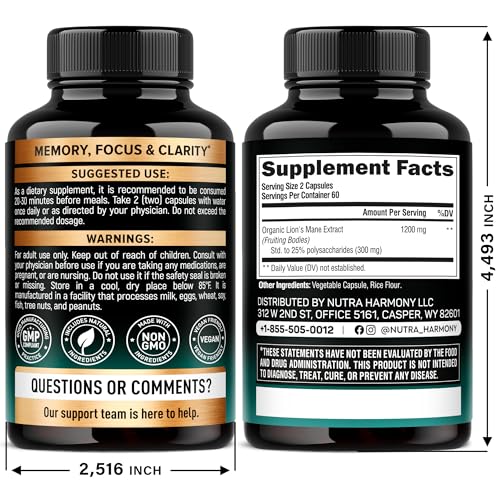 NutraHarmony Lions Mane bottle and label showcase USA-made quality.