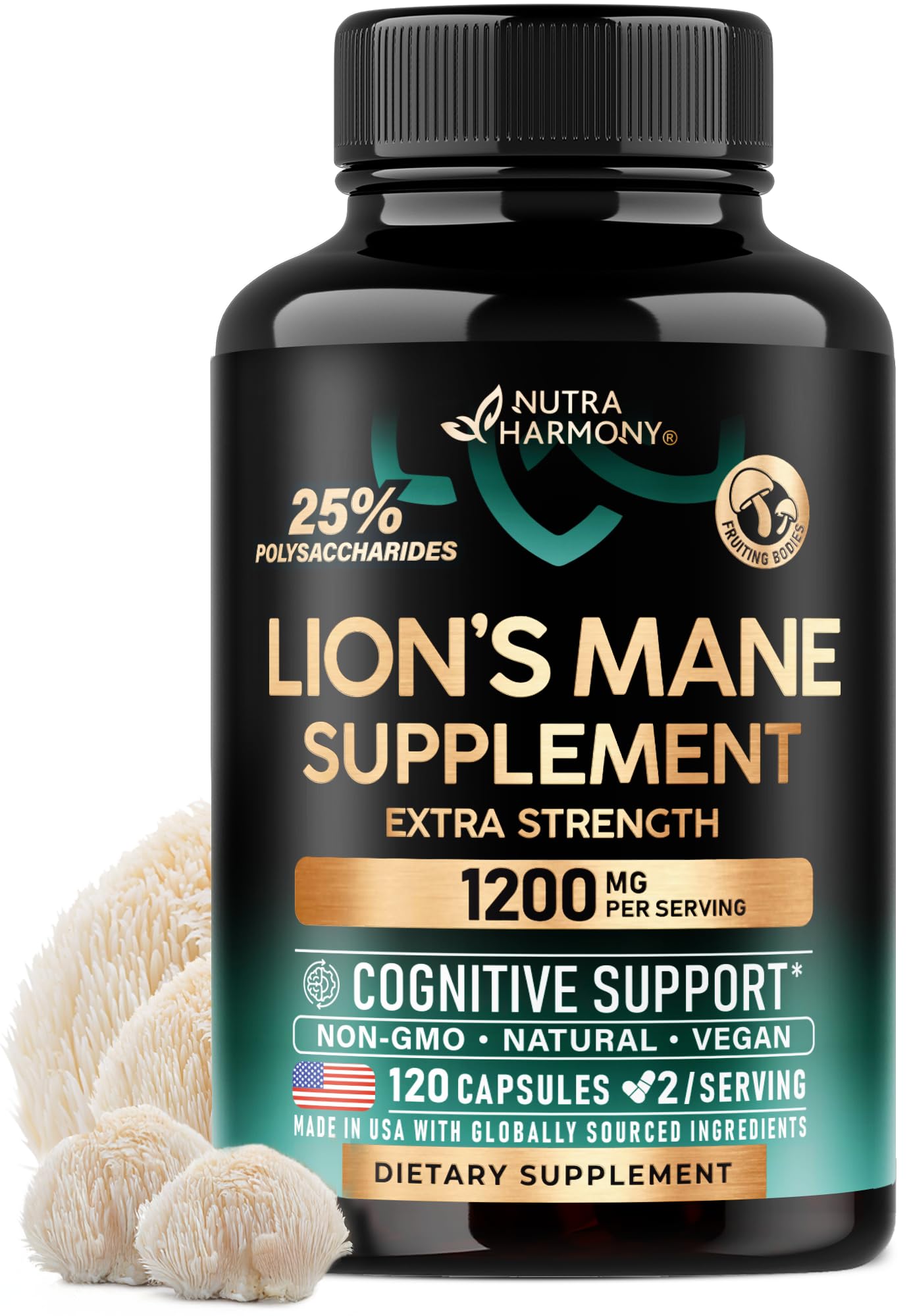 NutraHarmony Lions Mane capsules 1200mg on bottle promote cognitive focus.