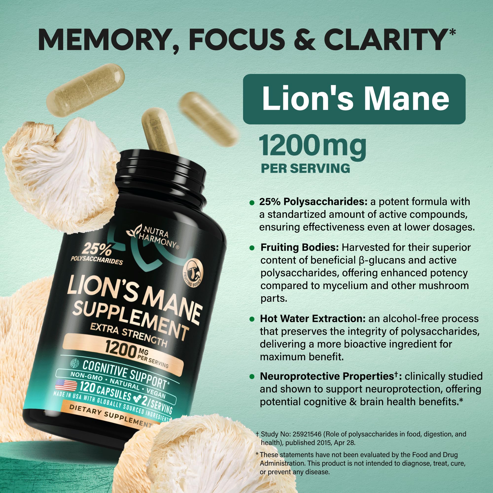 NutraHarmony Lions Mane capsules in hand illustrate daily routine.