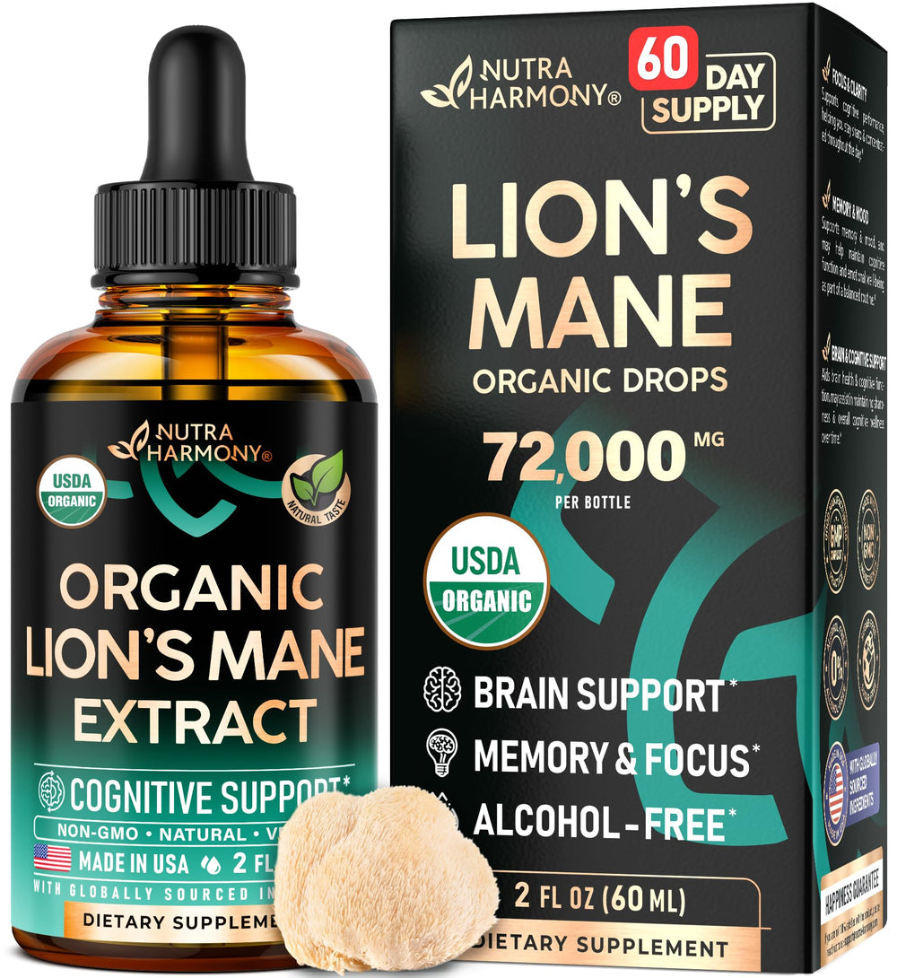 NUTRAHARMONY Lions Mane Liquid bottle shown on countertop, promoting cognitive clarity.
