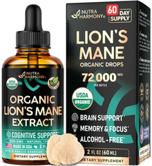 NUTRAHARMONY Lions Mane Liquid bottle shown on countertop, promoting cognitive clarity.