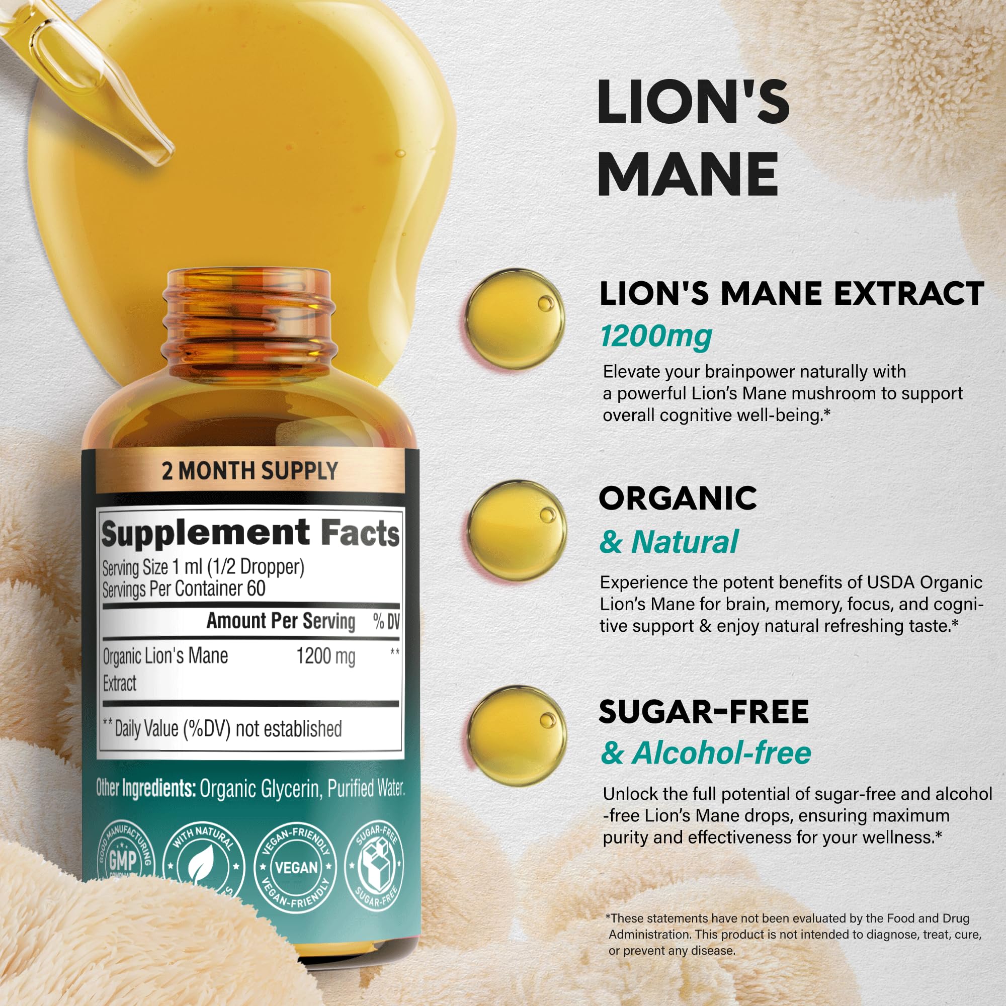 NUTRAHARMONY Lions Mane liquid dropper measuring a daily dose.