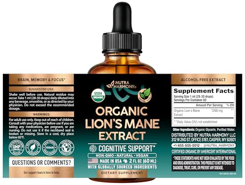 NUTRAHARMONY Lions Mane Liquid drops highlighted for quick absorption.