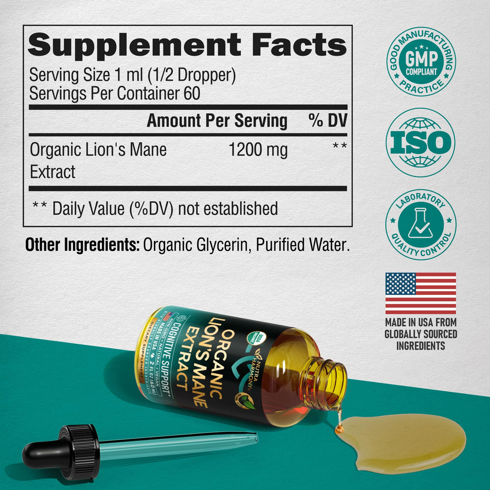 NUTRAHARMONY Lions Mane Liquid ingredient list shown for transparency and vegan formula.