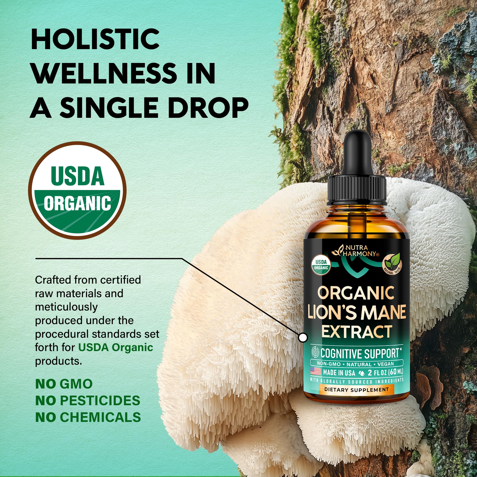 Close-up of NUTRAHARMONY Lions Mane Liquid bottle label with clean design.