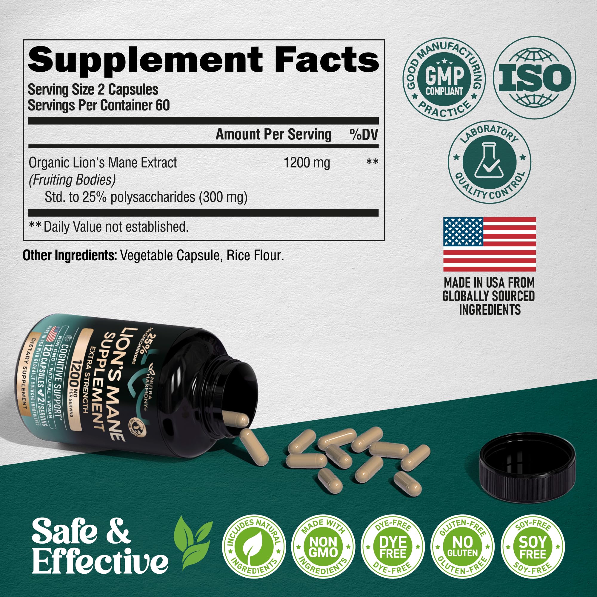 NutraHarmony Lions Mane USA-made label reinforces quality and trust.