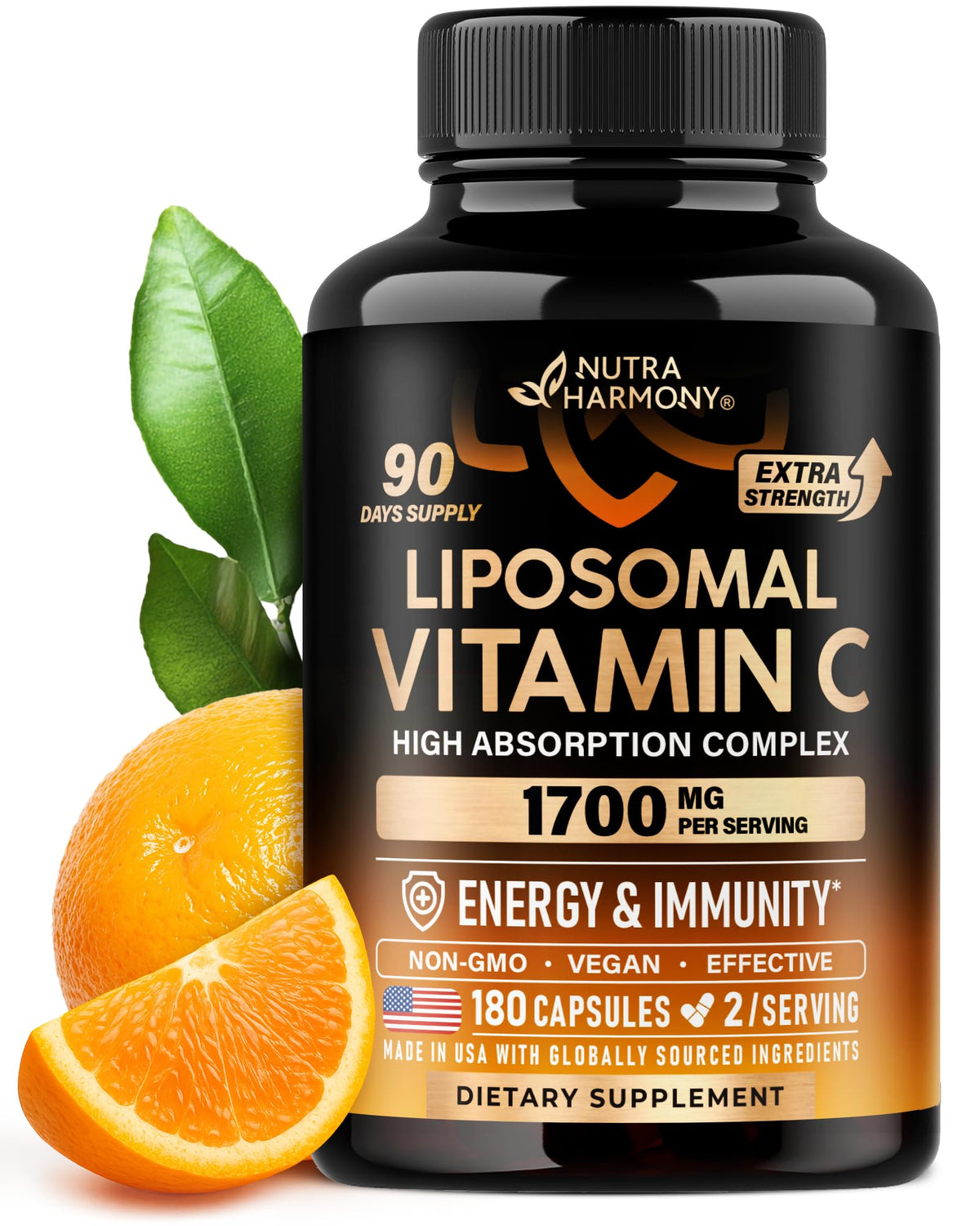 NUTRAHARMONY liposomal vitamin C 1700mg bottle highlights high-absorption daily immune support.