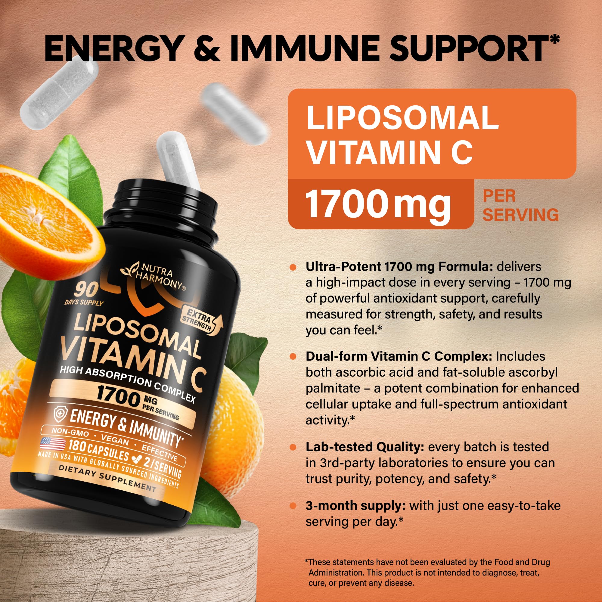 NUTRAHARMONY capsules closeup reveals small, easy-to-swallow softgel capsules.