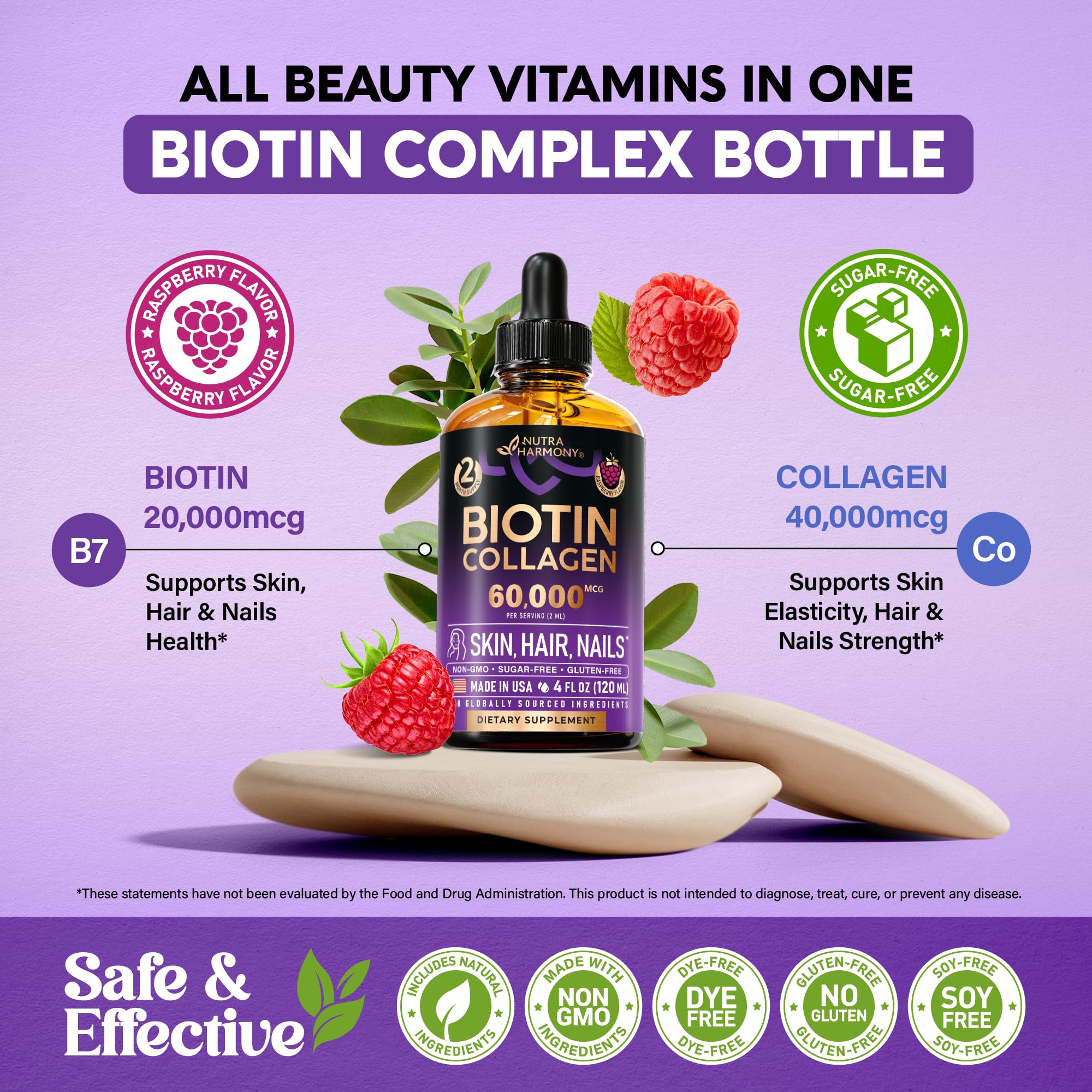 NutraHarmony ingredients panel lists biotin and collagen types I and III.