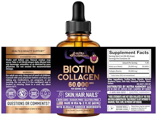 NUTRAHARMONY liquid biotin-collagen drops close-up highlighting potent formula.