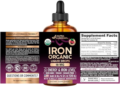 NutraHarmony Liquid Iron 18mg cherry bottle front showing organic USA-made quality
