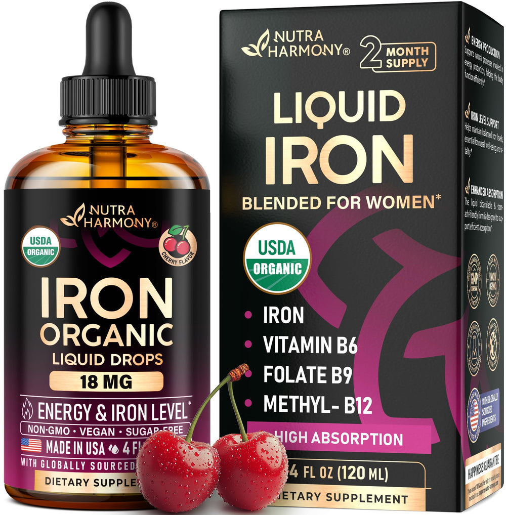 NutraHarmony Liquid Iron 18mg cherry bottle pour for steady energy support