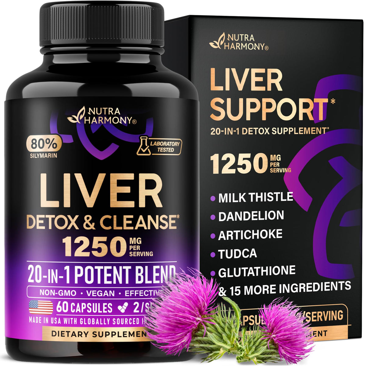 NutraHarmony liver cleanse bottle scene, vegan formula for daily liver support and detox potential.