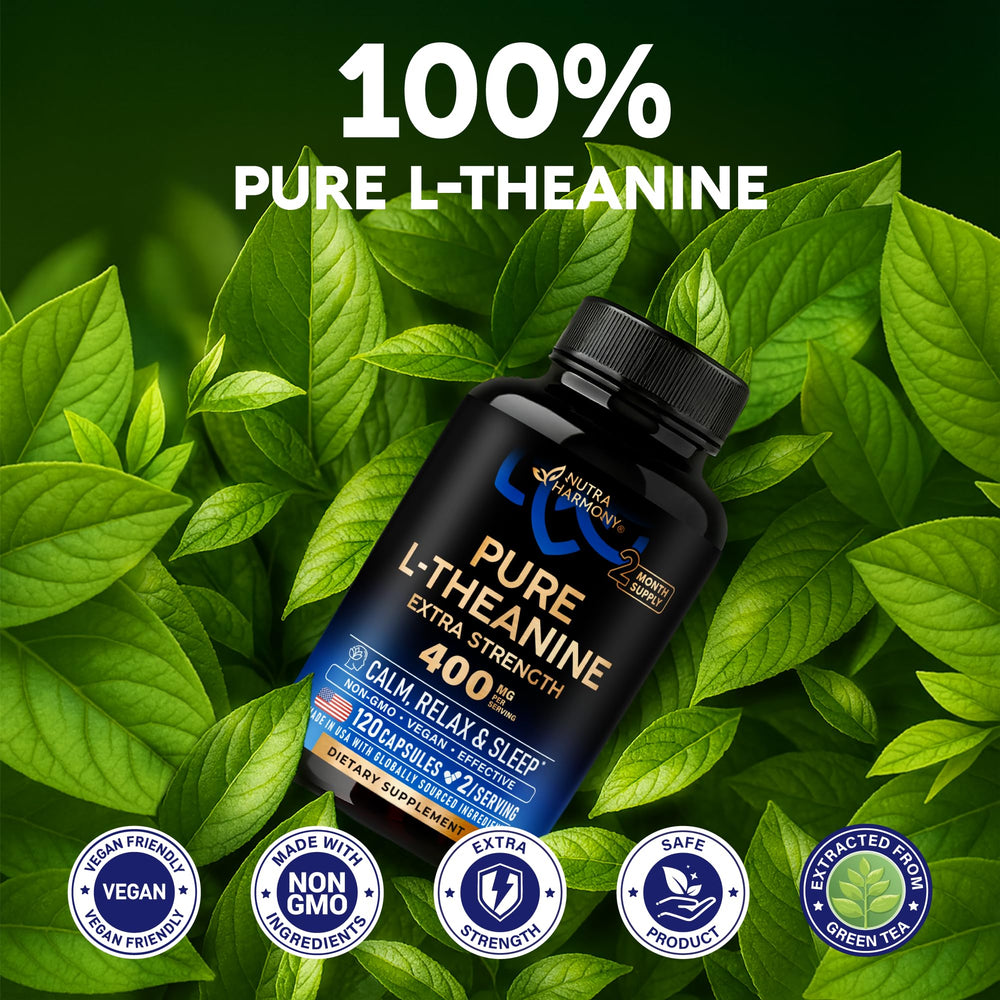 NUTRAHARMONY L Theanine label indicating USA made and non GMO.