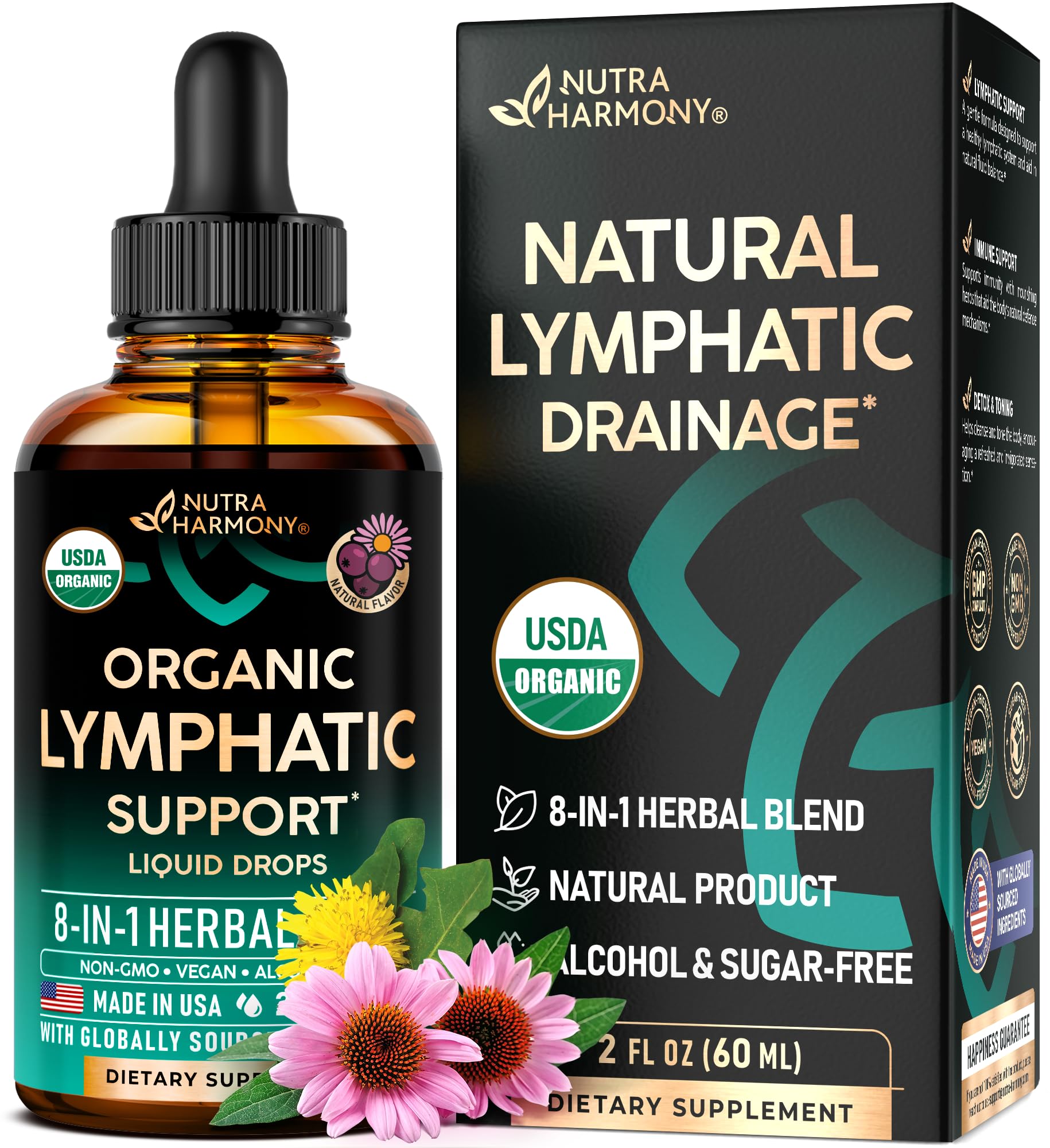 NutraHarmony Lymph Drops bottle close-up with organic herb blend.