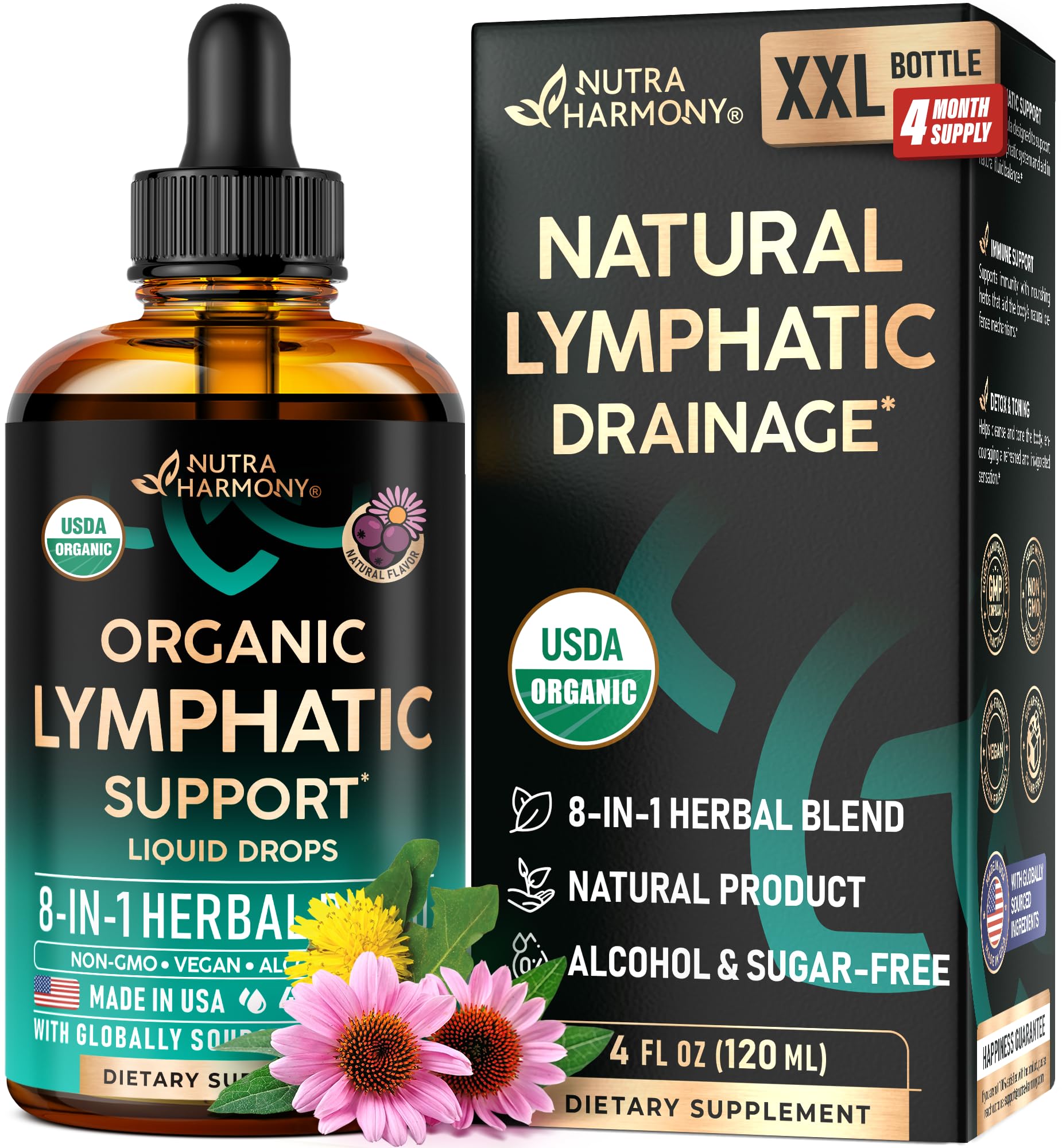 NutraHarmony Lymph Drops bottle showing premium USDA organic blend for detox support.