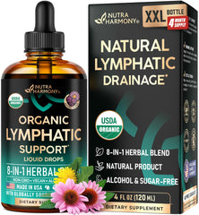 NutraHarmony Lymph Drops bottle showing premium USDA organic blend for detox support.