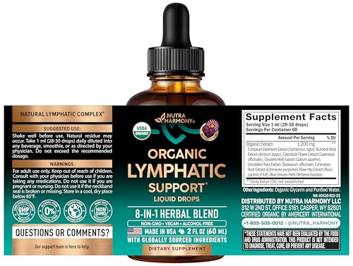 NutraHarmony Lymph Drops label close-up showing 8-herb formula.