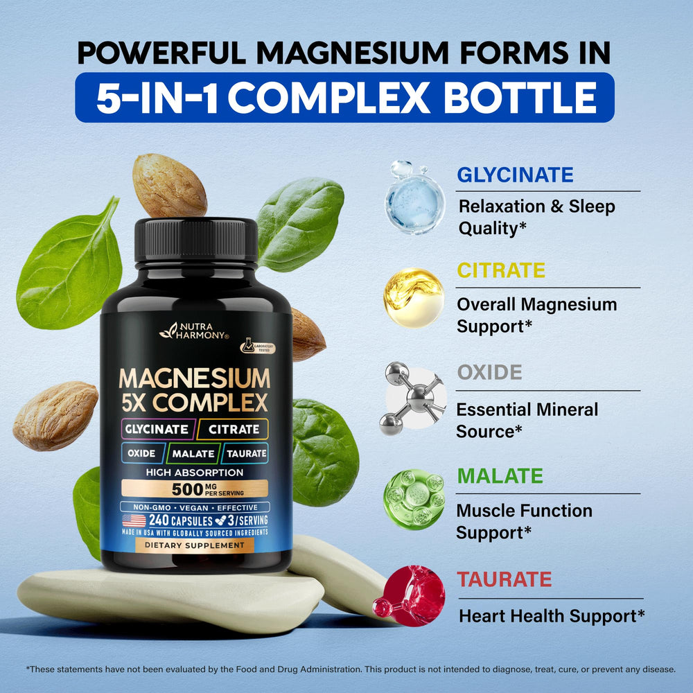 NUTRAHARMONY Magnesium 5in1 bottle beside 'Made in USA' label for trusted production