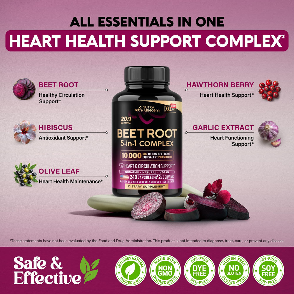 NUTRAHARMONY Beet Root 5-in-1 capsules with antioxidants supporting heart wellness.