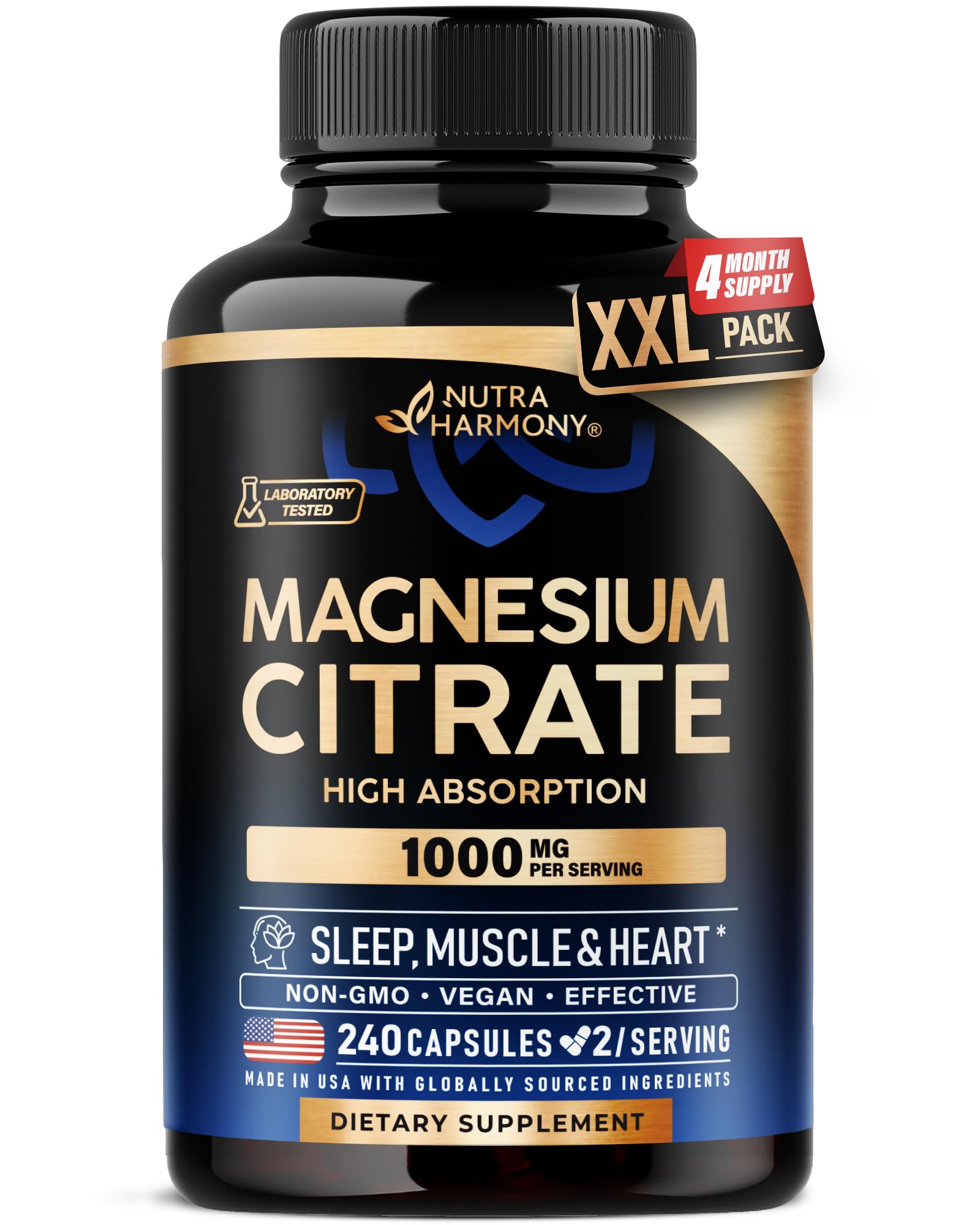 NUTRAHARMONY Magnesium Citrate 1000mg capsules bottle for daily sleep support and heart health