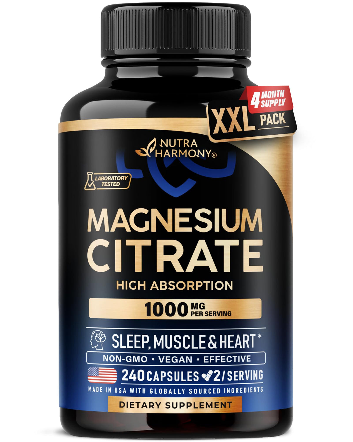NUTRAHARMONY Magnesium Citrate 1000mg capsules bottle for daily sleep support and heart health