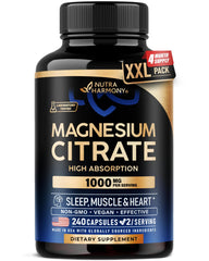 NUTRAHARMONY Magnesium Citrate 1000mg capsules bottle for daily sleep support and heart health