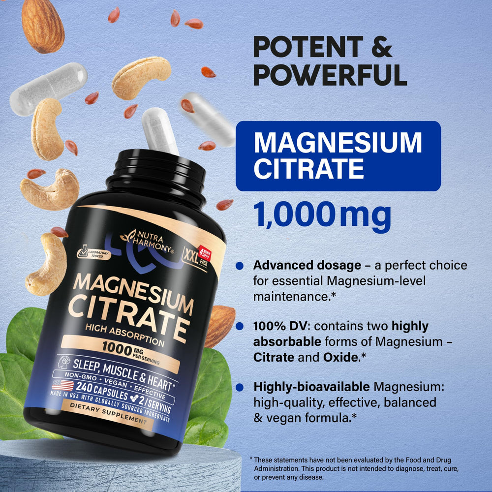 NUTRAHARMONY Magnesium Citrate 1000mg capsules closeup visible texture and capsule coating