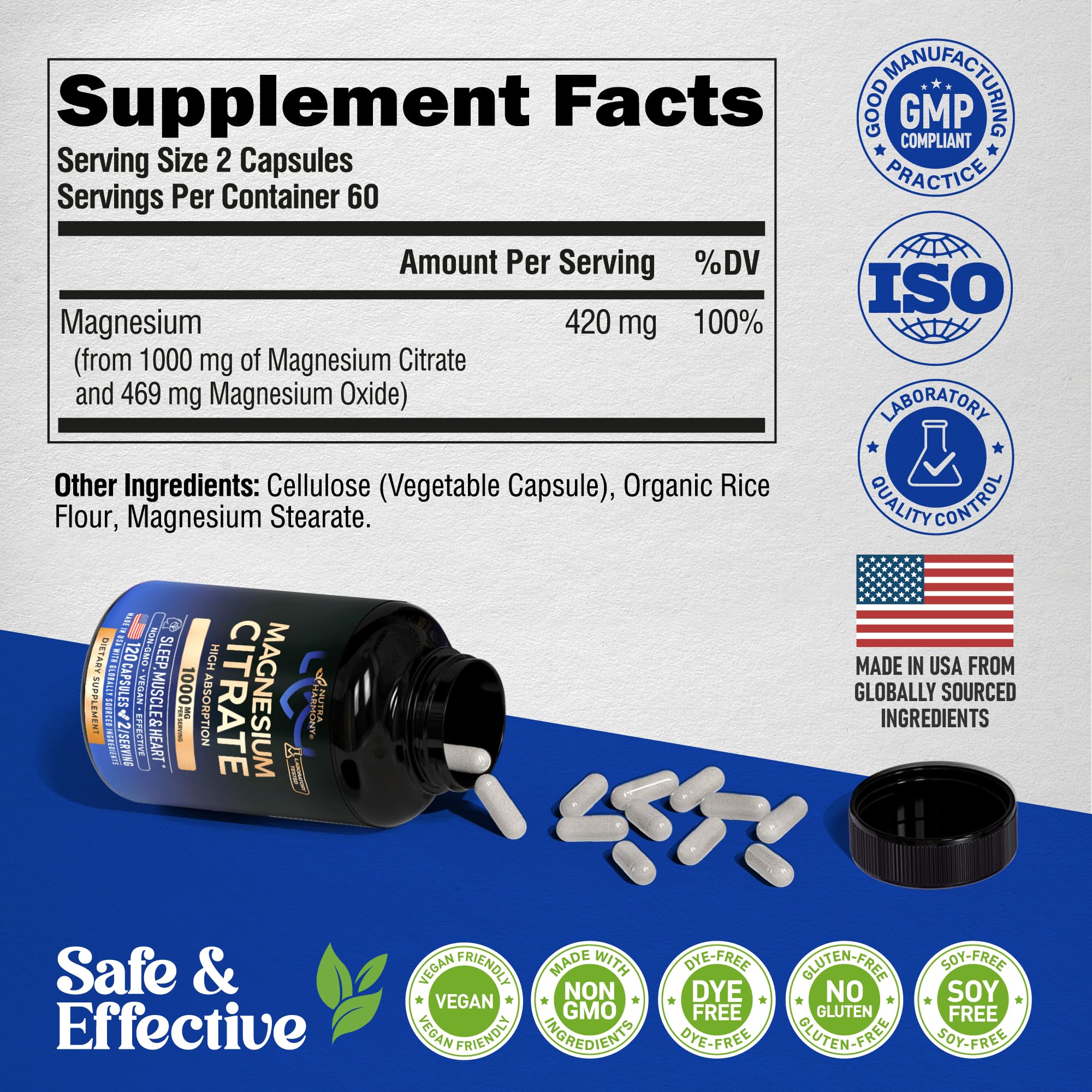NUTRAHARMONY magnesium citrate capsules 120-count bottle on a shelf
