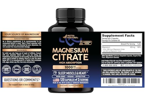 NUTRAHARMONY magnesium citrate capsules bottle back label with ingredients