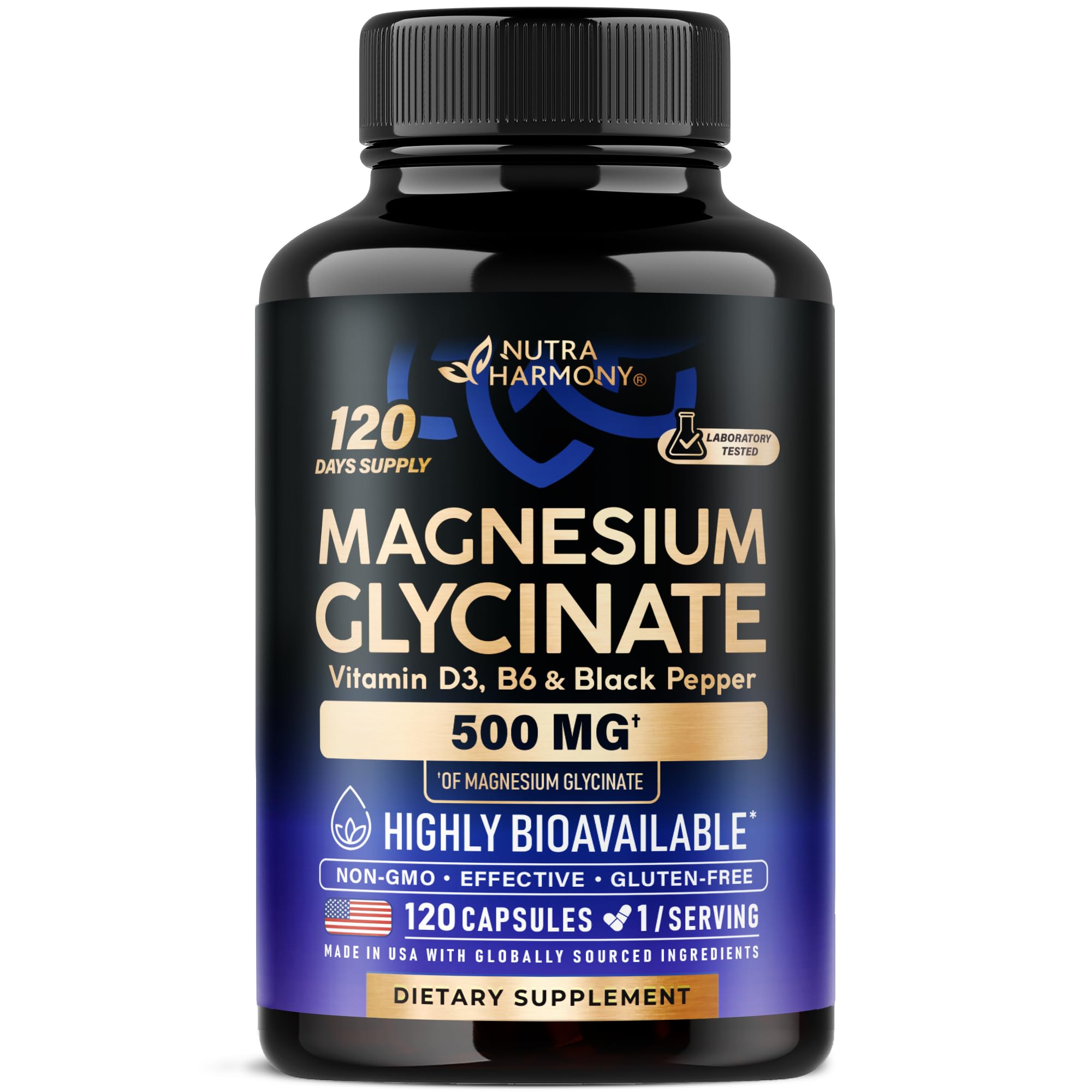 NutraHarmony Magnesium Glycinate 500 mg bottle highlights high absorption and sleep support.