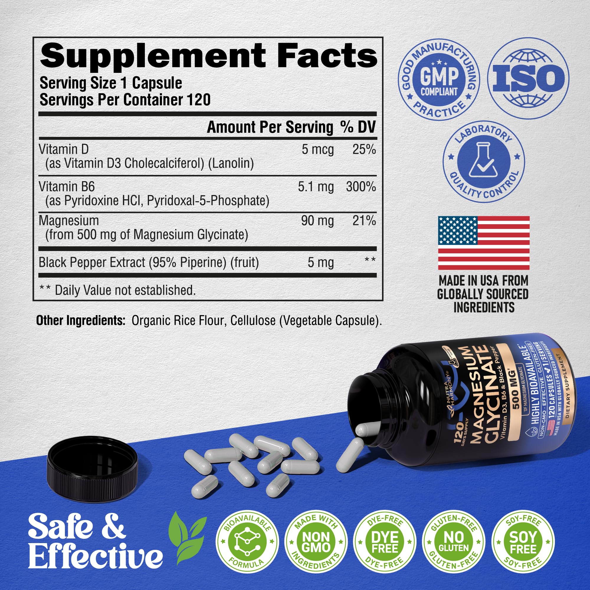 NutraHarmony Magnesium Glycinate 500 mg box back lists ingredients.