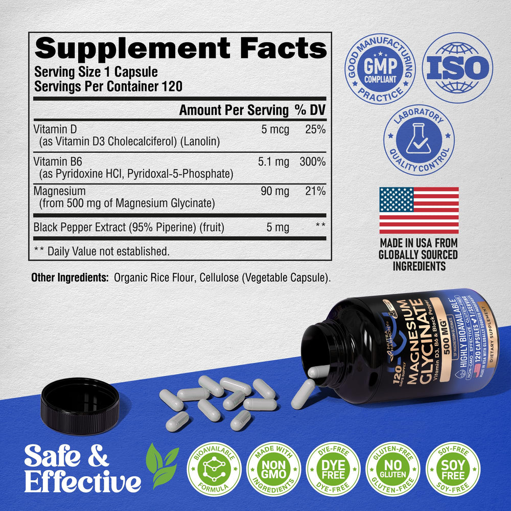 NutraHarmony Magnesium Glycinate 500 mg box back lists ingredients.