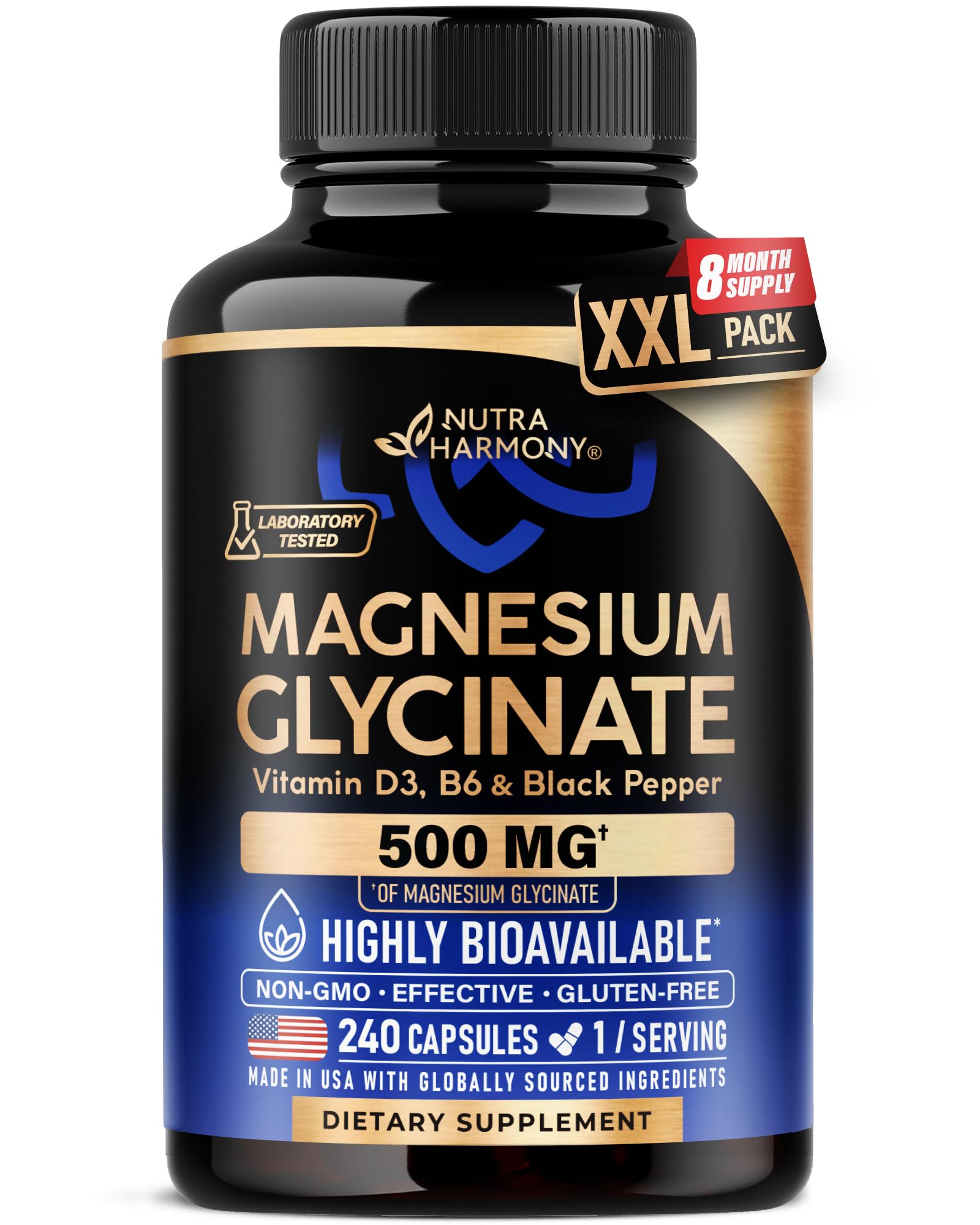 NUTRAHARMONY Magnesium Glycinate 500mg capsules in bottle for easy daily use
