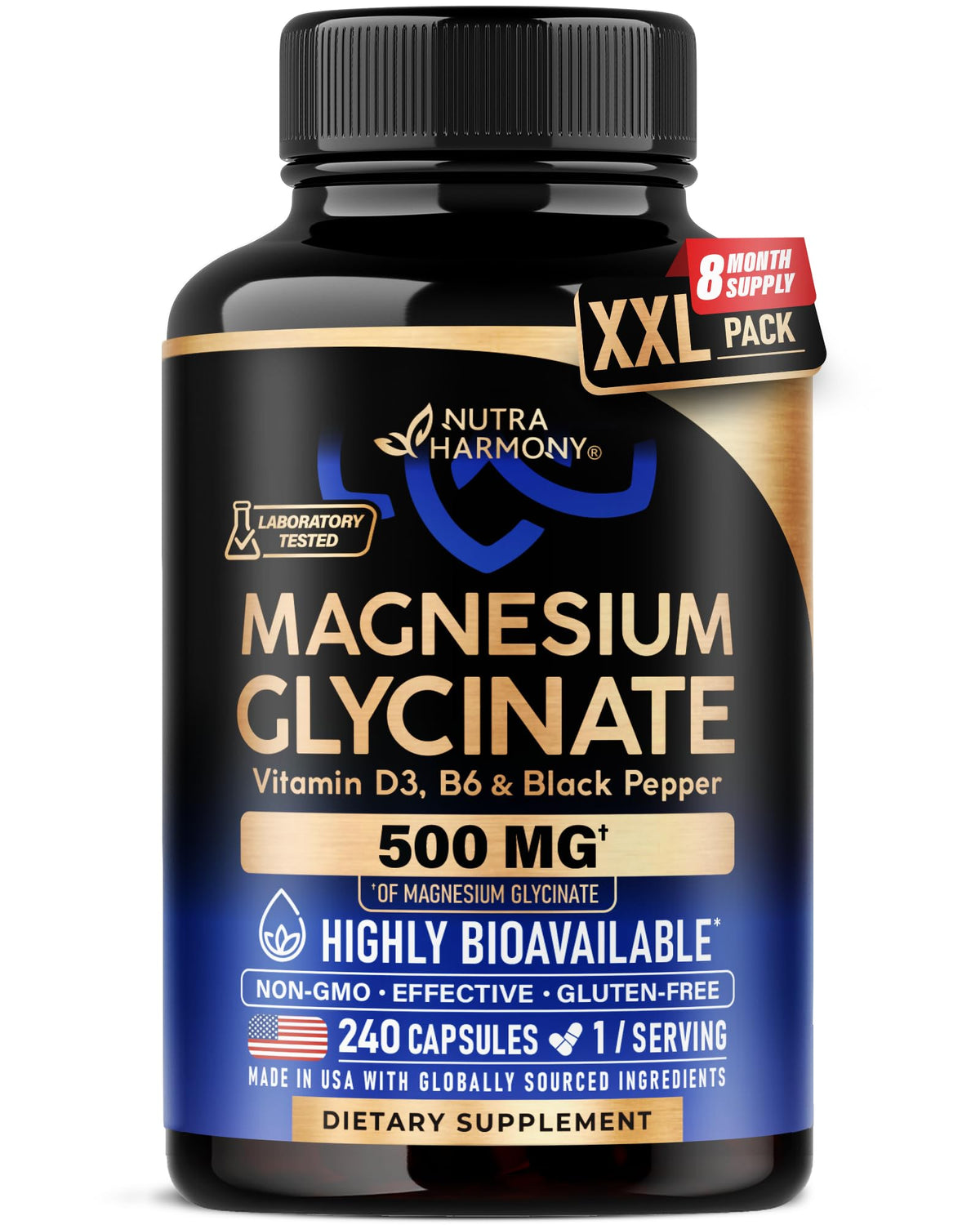NUTRAHARMONY Magnesium Glycinate 500mg capsules in bottle for easy daily use