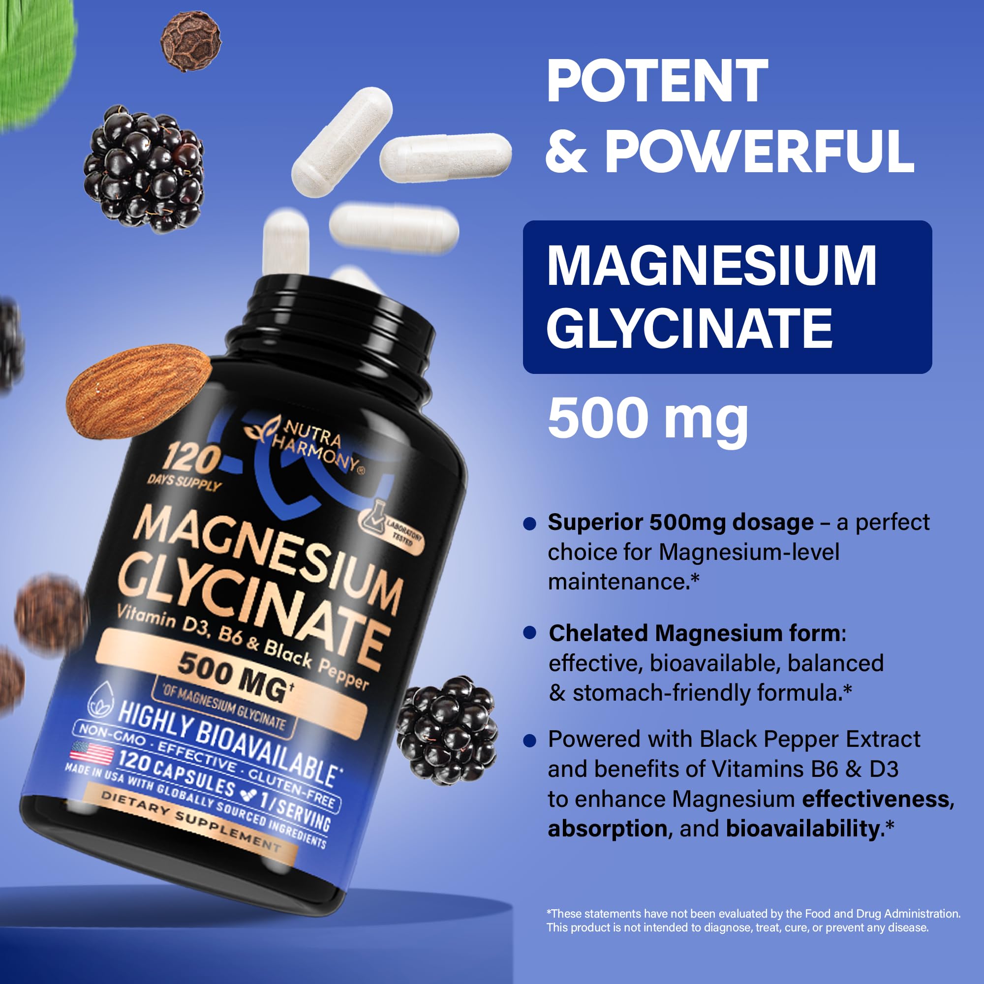 NutraHarmony Magnesium Glycinate 500 mg capsules for easy daily intake.