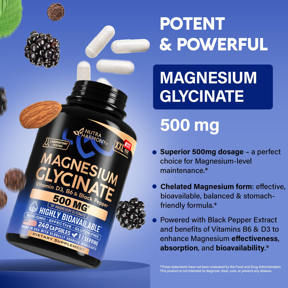 NUTRAHARMONY Magnesium Glycinate 500mg pour from bottle for easy nightly routine