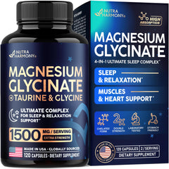 NUTRAHARMONY Magnesium Glycinate bottle offers premium sleep support and high absorption.